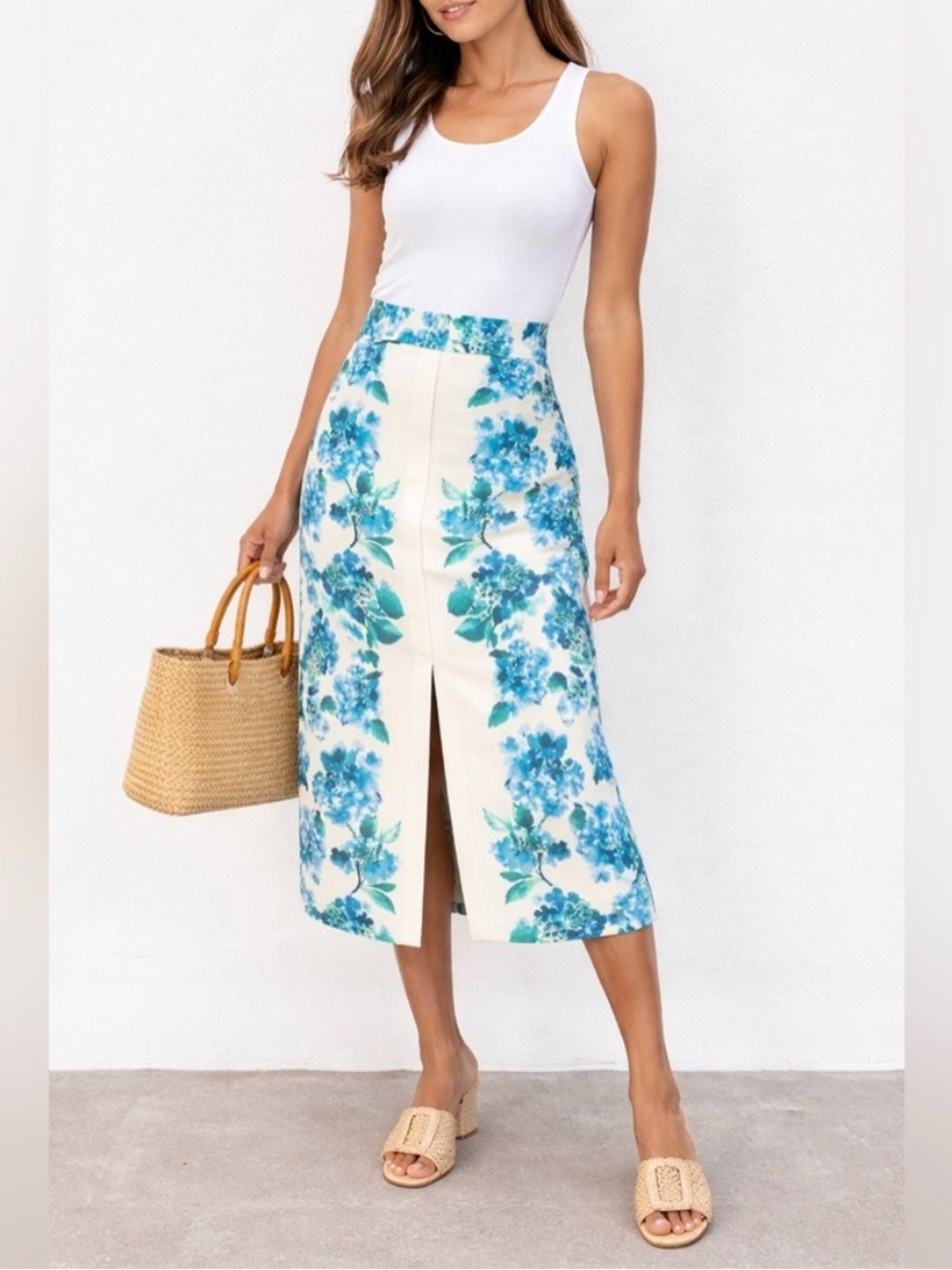 Tuckernuck Water’s Edge Midi Skirt with Blue Hydrangea Print and Front Slit